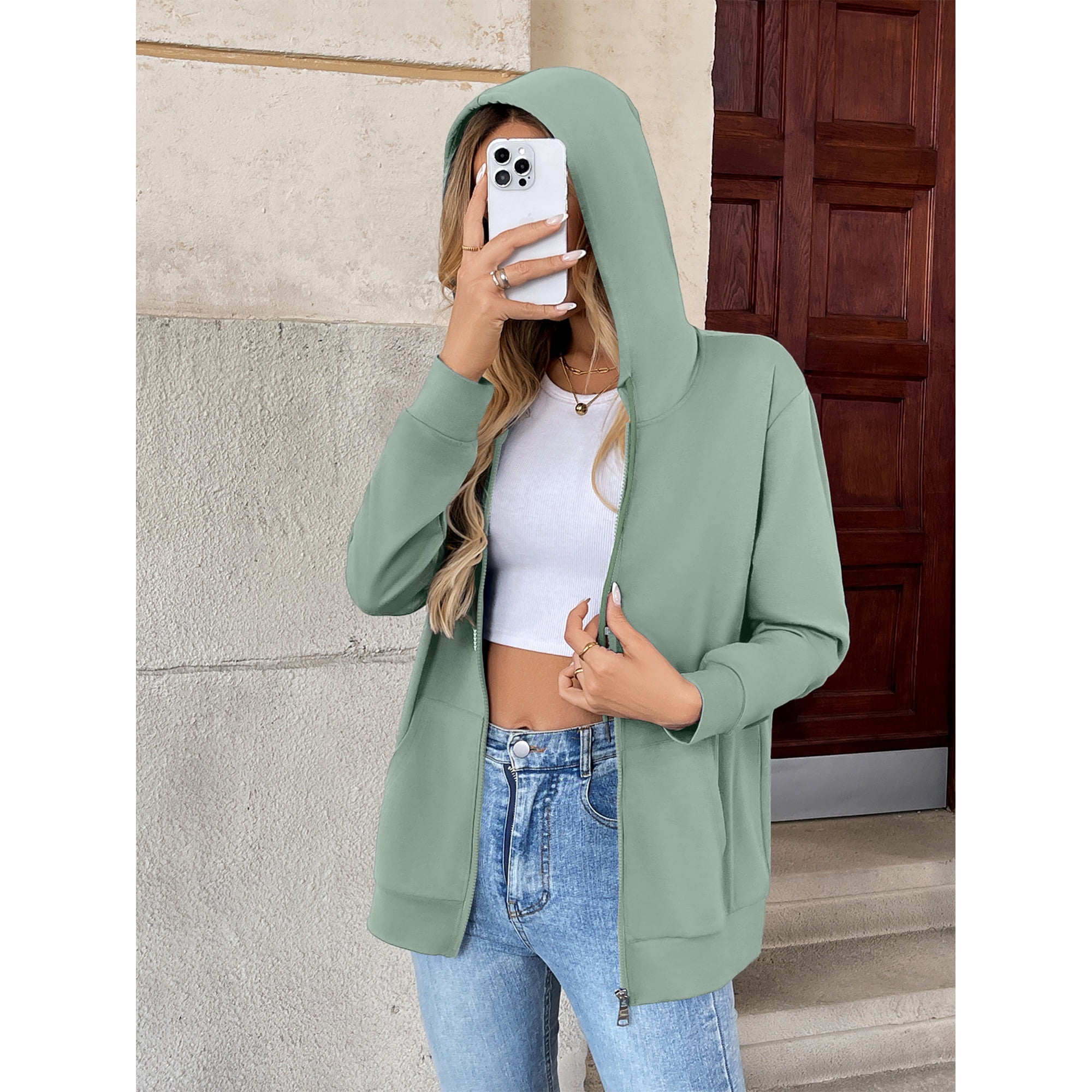 HOWCOME Basic Women's Full-Zip Hoodie – Lightweight Non-Fleece Long Sleeve Track Jacket with Adjustable Hood and Pockets, Mint Green X-Large
