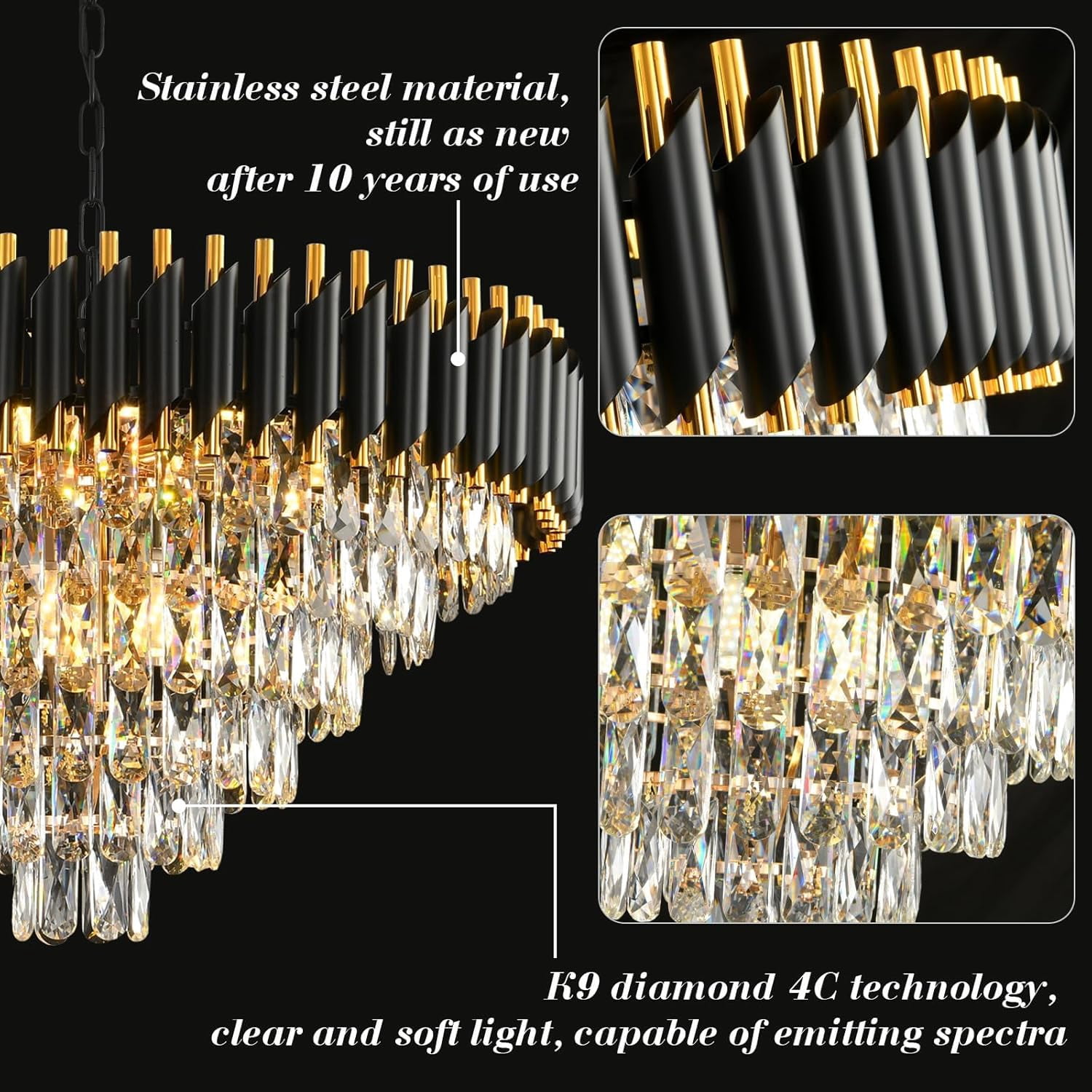 Modern Crystal Chandeliers for Dining Room 15-Light Black and Gold Chandelier Living Room Round 6 Tiers Contemporary Ceiling Hanging Light Pendant Light Fixture for Entryway Foyer Staircase W29”