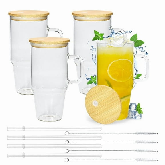 4 Pack Glass Cups 40oz Tumbler with Handle Reusable Water Bottles Straws&Straw Cleaner Included, Gift Set for Sublimation Printing - Hot Cold Handle Tumbler for Office Travel