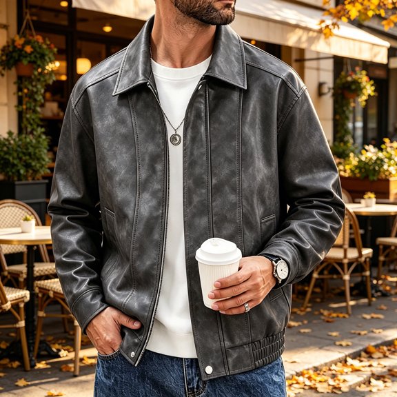 LYSMORA 2026 Men's Lapel Vintage Washed Faux Leather Bomber Jacket, Snap Button Zip Front Elastic Hem Oversized Loose Fit Windproof Motorcycle Street Casual Outerwear
