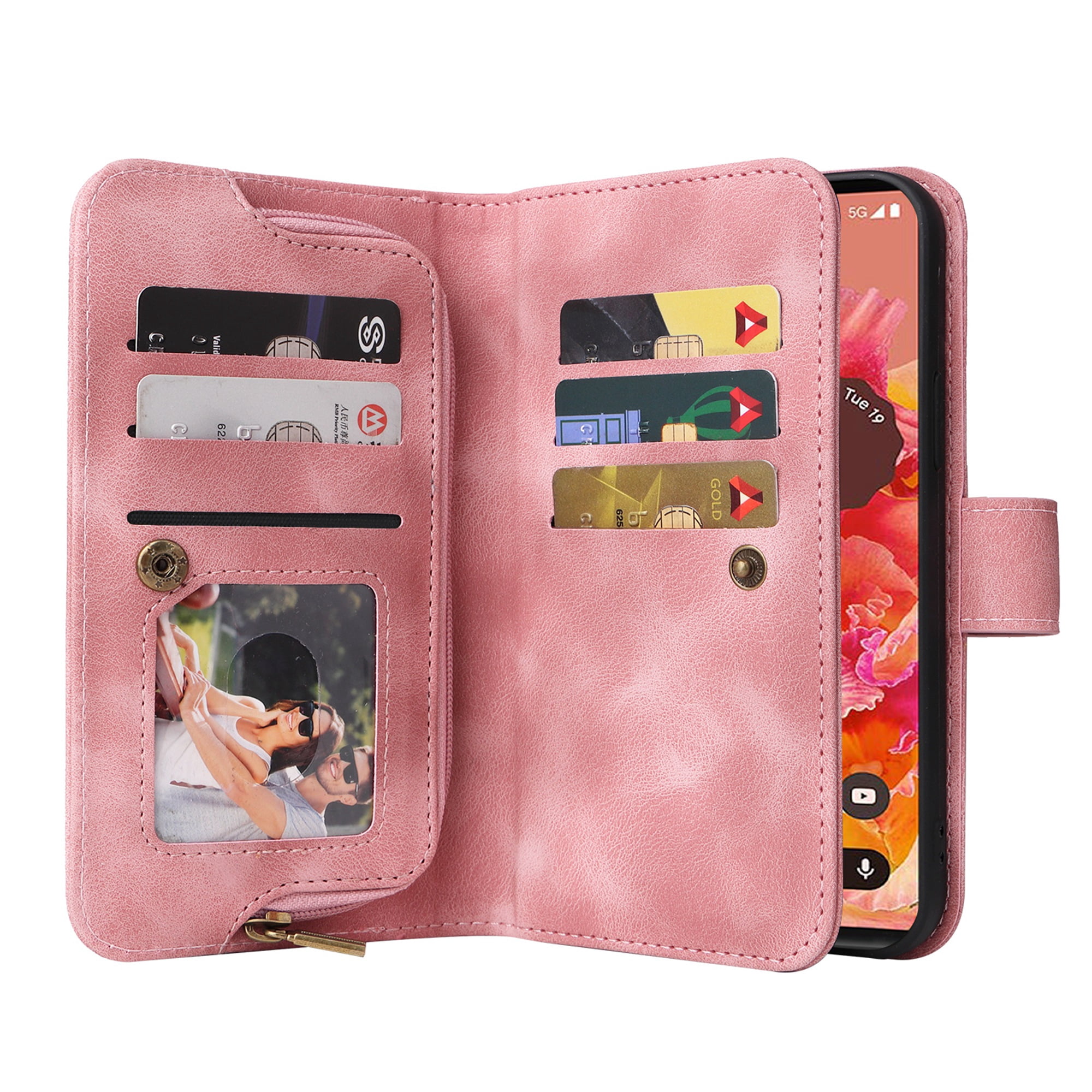 Dteck Crossbody Wallet Magnetic Phone Case for iPhone 13 Pro, Premium PU Leather Handbag Zipper Pocket with Lanyard Shoulder Strap Wristlet Folio Flip Case for Apple iPhone 13 Pro,Pink