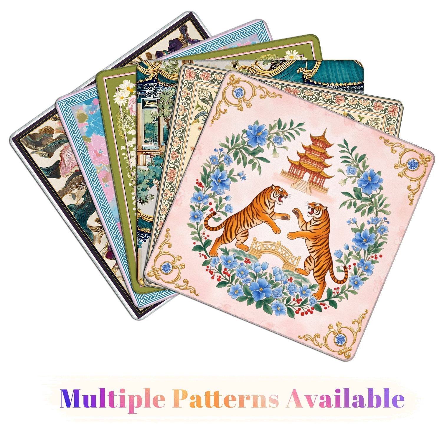 Mahjong Mat 31.5" x 31.5" Oriental Two Roaring Tigers Pagoda Floral Wreath Decorative Bridge Non-Slip Noise Reduction American Mahjong Tiles Table Cover for Dominoes Poker Card Board Games Gift