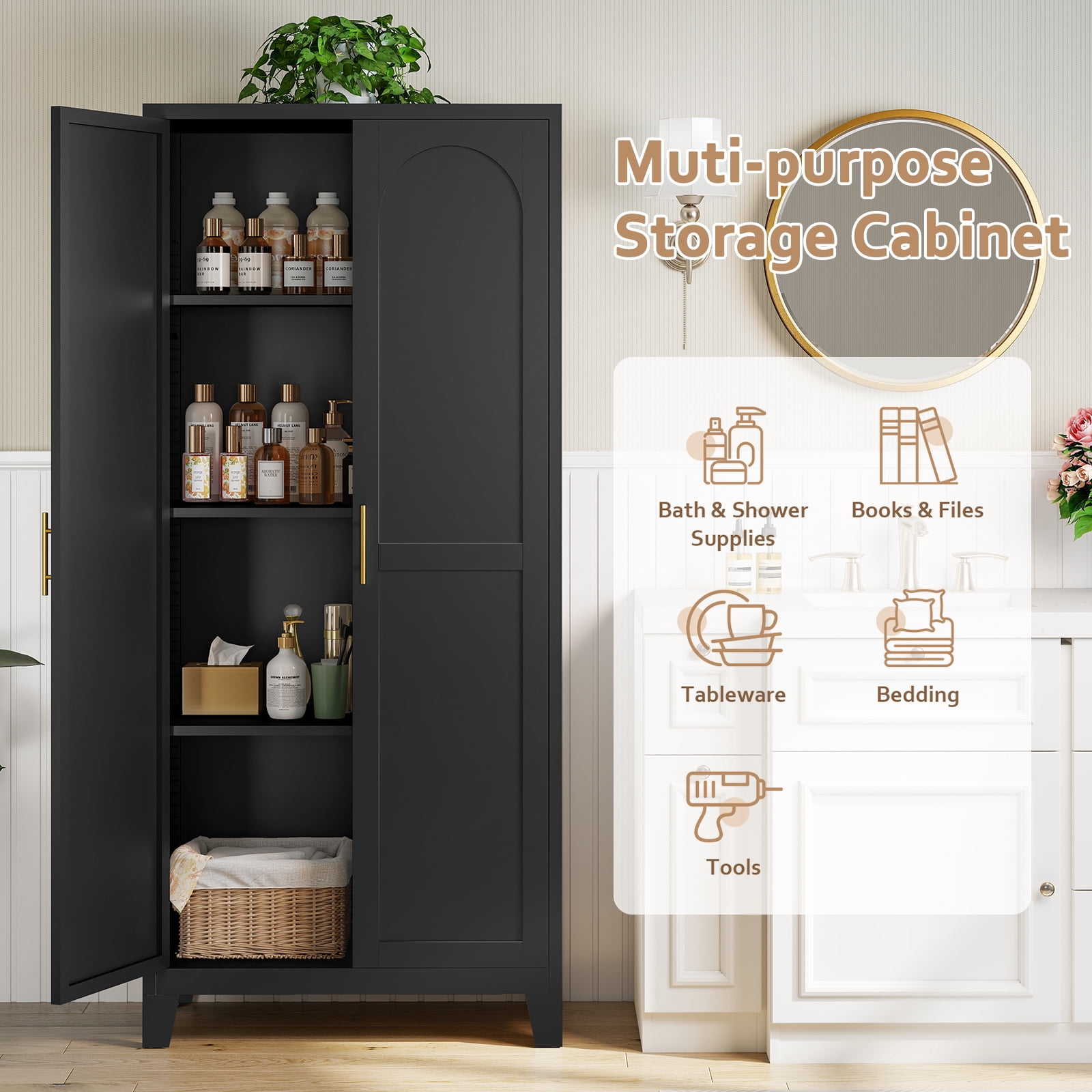 LIZEVINC 61.2in Pantry Cabinet, Metal Shapely Doors Cabinet with Doors and Adjustable Shelves, Food Pantry Cabinet for Kitchen,Dinning Room- Assembly Required(Black)