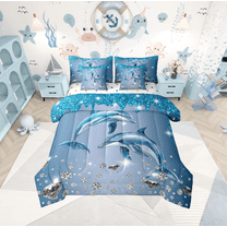 Dolphin Comforter Set 7 Piece Bed in a Bag Twin,Blue Sequin Fluid Art Bedding Set,Crystal Diamond Comforter and Sheet Set Nautical Sea Animal Bed Set,Coastal Creature Ocean Decor