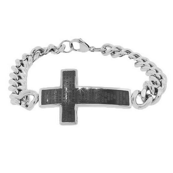 Stainless Steel Black Silver-Tone Religious Cross Lord's Prayer Men's Chain Bracelet