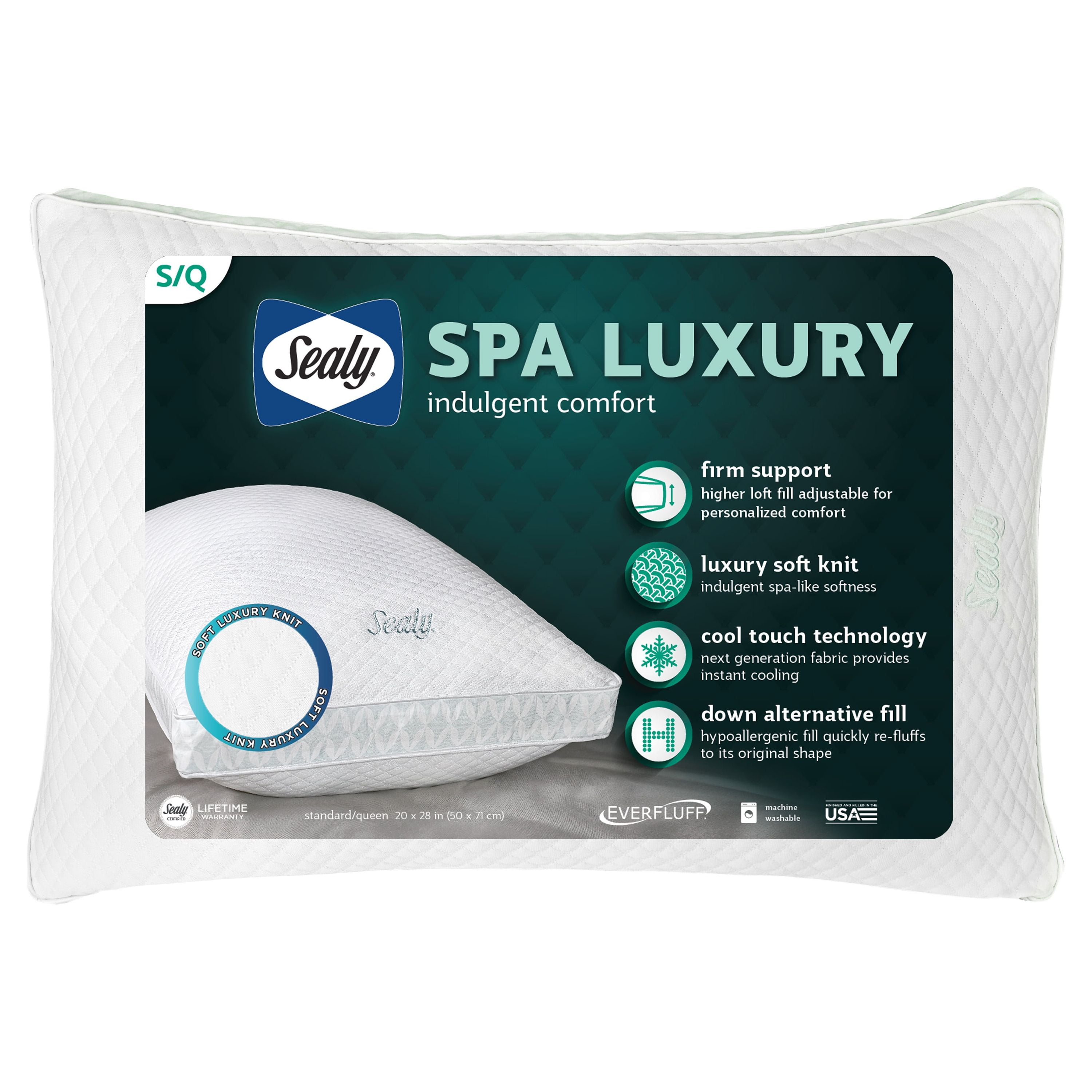 Sealy Oreiller de lit Spa Comfort, S/Q – soutien ferme, tissu en tricot doux rafraîchissant