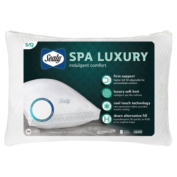 Sealy Spa Comfort Bed Pillow, S/Q- Firm Support, Soft Knit Cool Touch Fabric