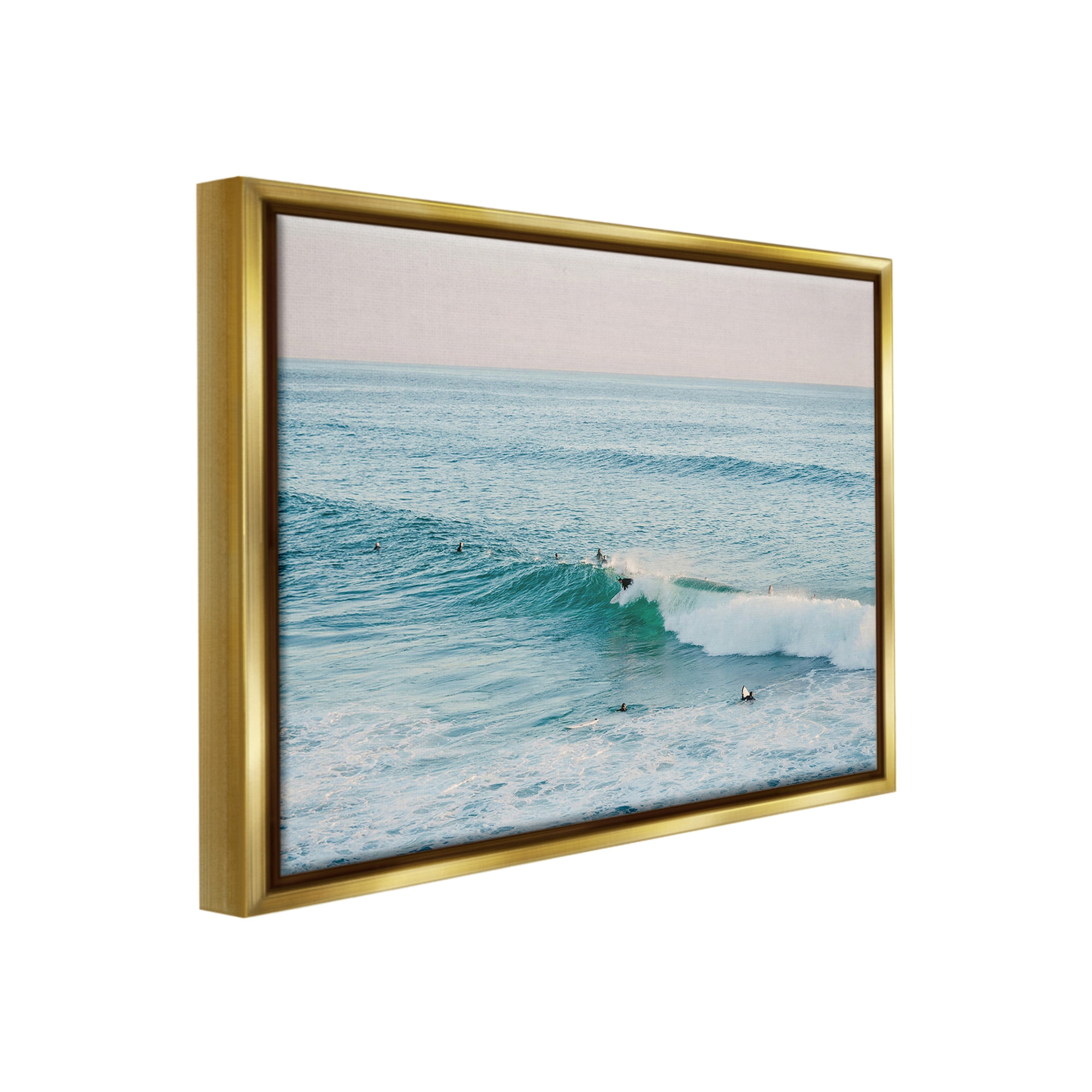 Stupell Industries Surfers Riding Waves Landscape Photography Gold Floater Framed Canvas Art Print Wall Art, 21 x 17