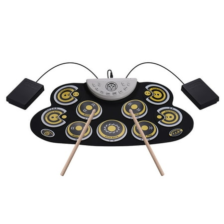 Portable Silicone Drum Pad Electronic Roll Up Drum Set with Drum Sticks Foot Pedals Cartoon Design Digital Drum for Kids