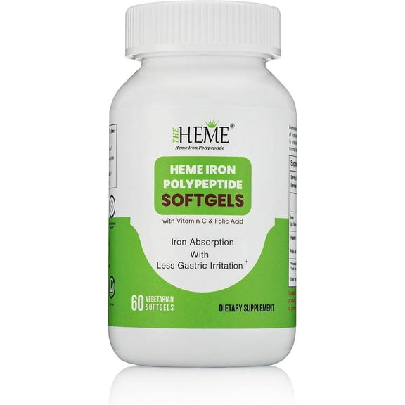 Pharmvista Heme Iron Polypeptide Softgels - Health Concern: With Vitamin C, Folic Acid - 60 Count