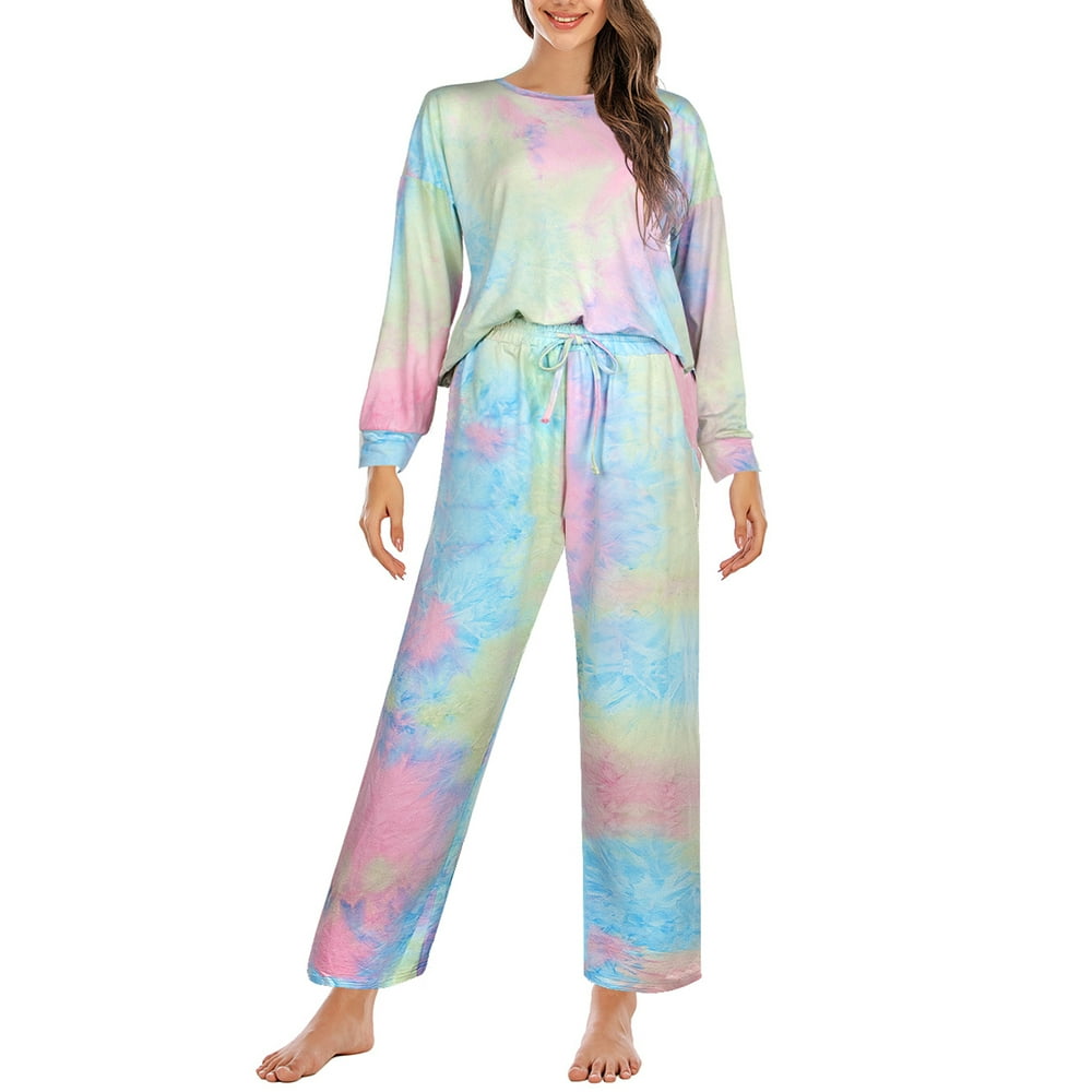Shealles Womens Tie Dye Pajamas Set 2 Piece Loungewear Sleepwear Long