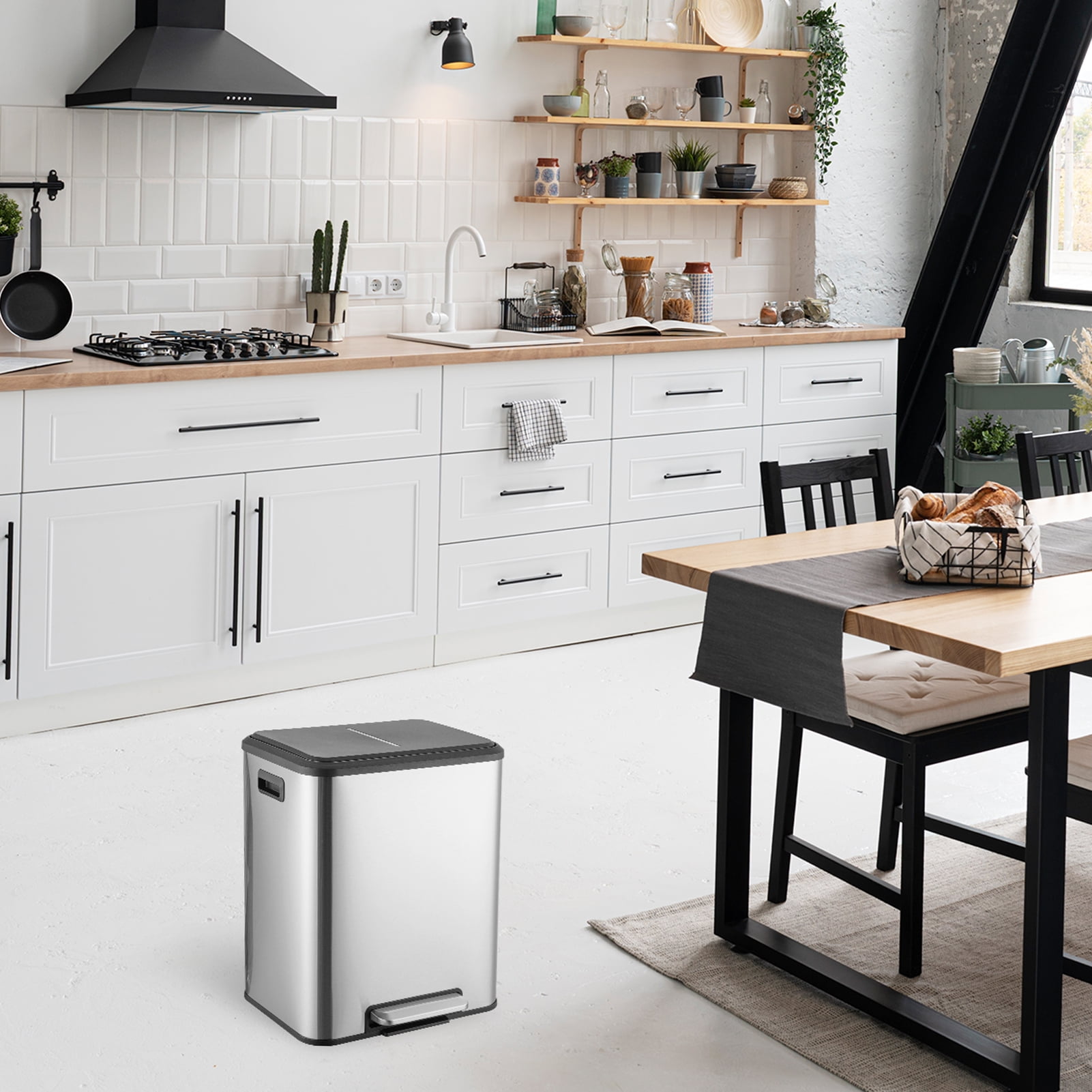 Dual Trash Can for Recycling and Trash, 2 x 15 L (30 L) Stainless Steel Kitchen Trash Can with Lid and Foot Pedal, Double Compartment Garbage Can, Trash Can with Recycling Bin