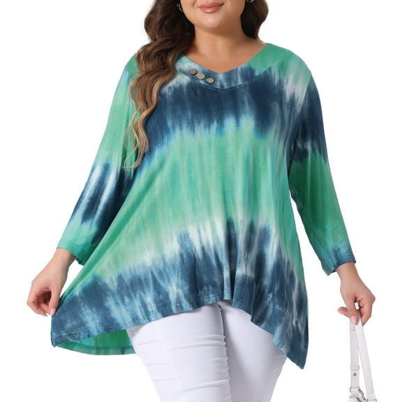 DARING DIVA Women's Plus Elbow Sleeve Blouse Tee Top Tie Dye T Shirts 1X Blue Green