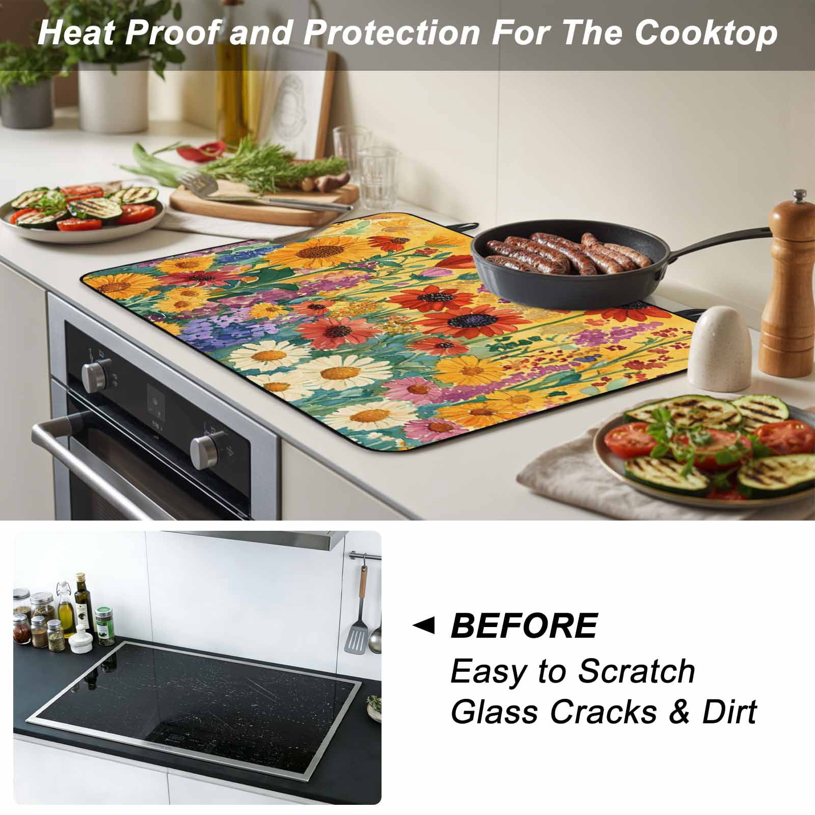 Colorful Sunflower Stove Top Cover for Electric Stove, Heat-proof & Non Slip Glass Top Stove Cover Protector, Farmhouse Botanical Floral Kitchen Flat Cooktop Rubber Mat 24x21 Inches