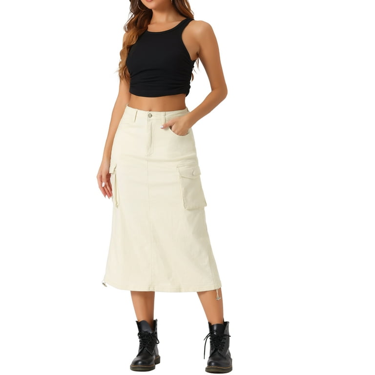 INSPIRE CHIC Midi Skirt for Women's Flap Pocket Back Slit