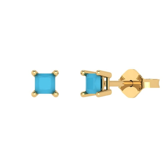 0.5 ct Push-Back Stud Earrings for Women | 3.5mm Princess Cut Simulated Turquoise | 18K Yellow Gold