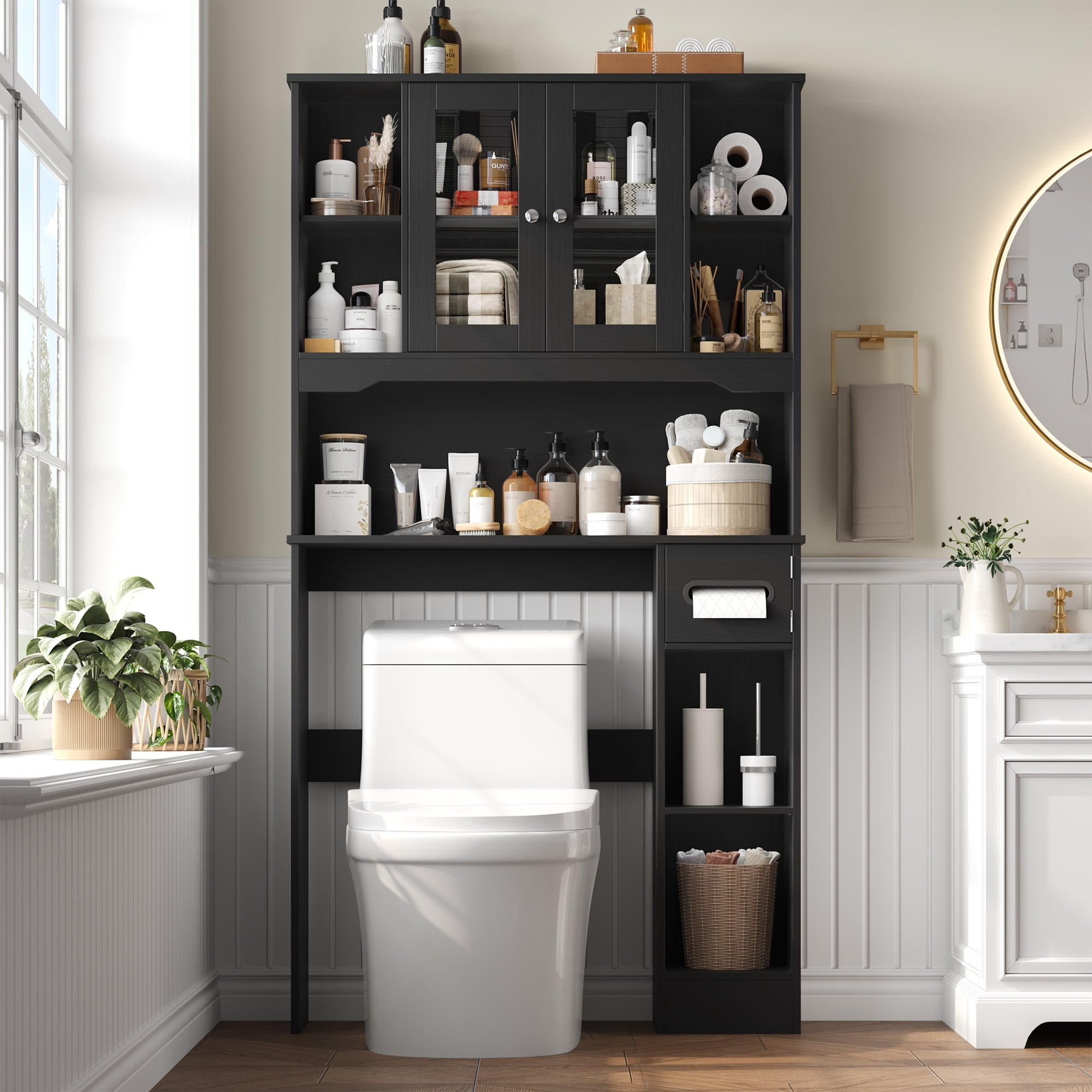 Homfa Over The Toilet Storage Cabinet with Toilet Paper Holder Stand, Above Toilet Organizer with Glass Doors, Behind Toilet Shelf for Restroom, Bathroom, Laundry, Black