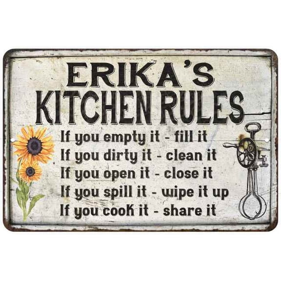 Erika's Kitchen Rules Chic Sign Vintage Decor 8 x 12 High Gloss Metal 208120032301