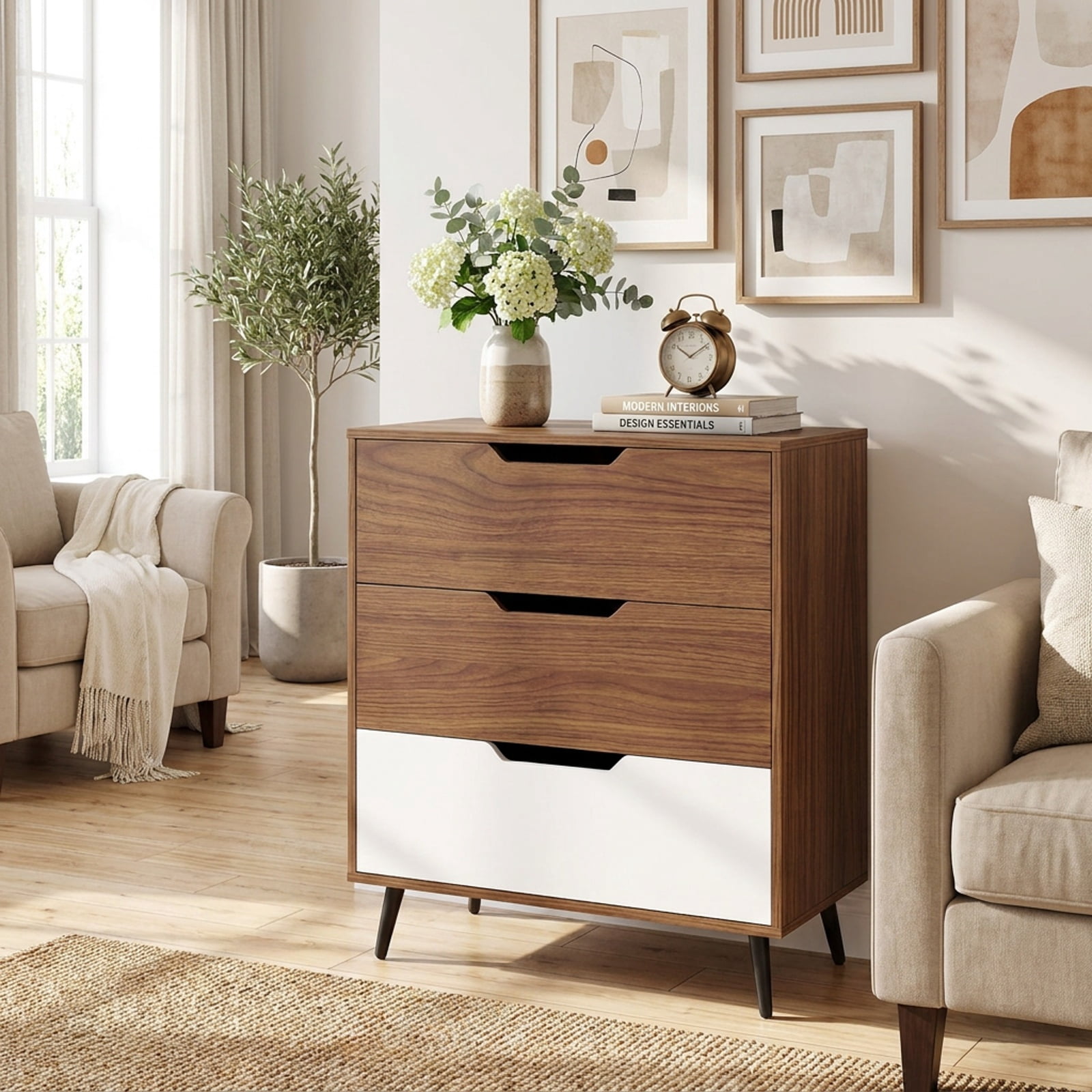 Furnibear 3-Drawer Rustic Farmhouse Wooden Storage Dresser for Bedroom Closet Living Room Nursery Clothes Storage, Walnut