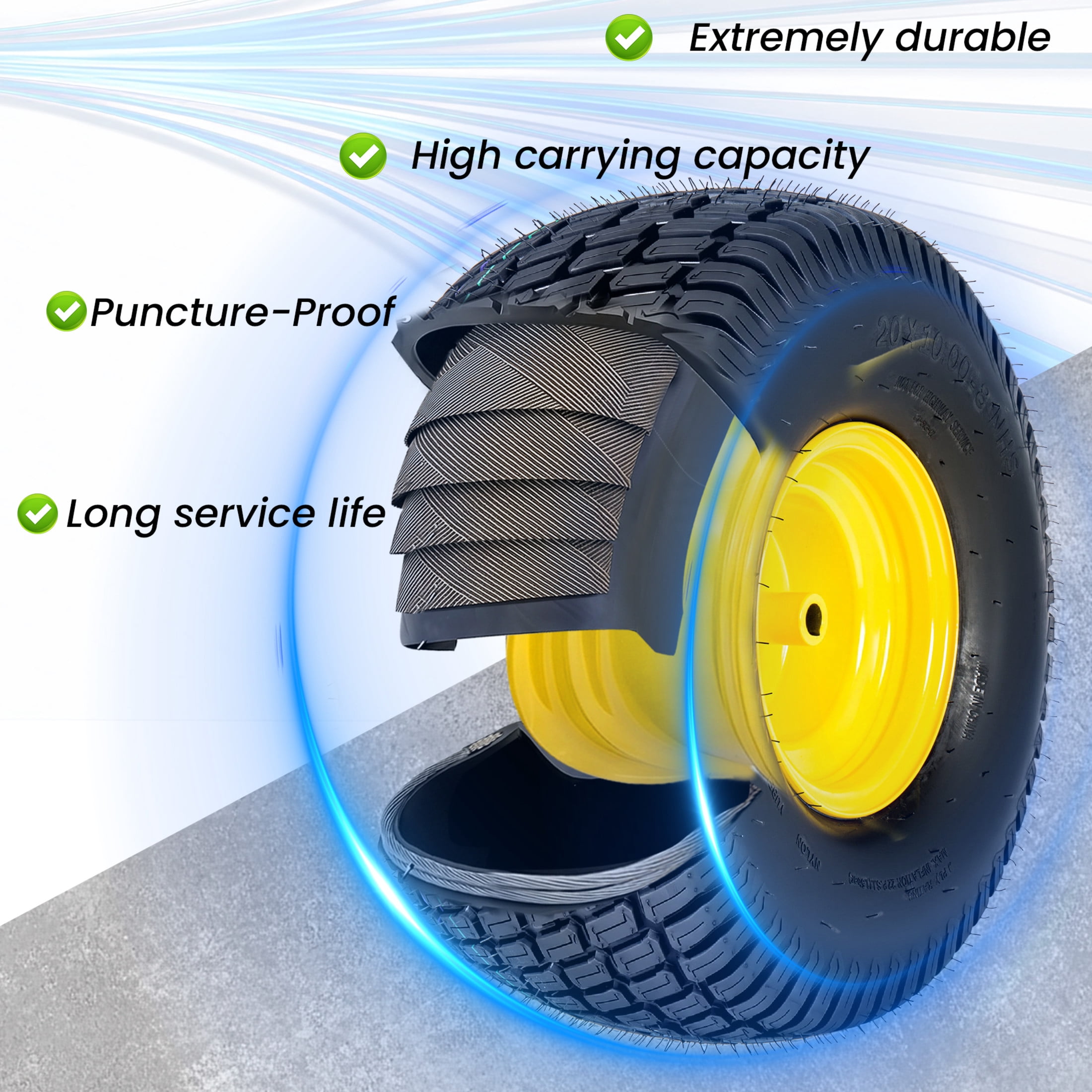 Noble House 20" x 10" Lawn Mower Tires & Wheel Assembly with Steel Rim, Tubeless Heavy Duty, Black & Yellow, Set of 2