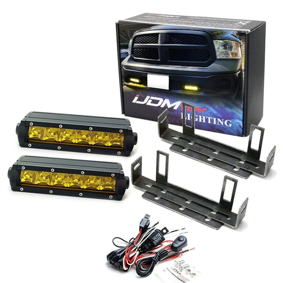 Selective Yellow Mini-SR LED Fog Light Kit For 2011-18 Dodge RAM 1500, (2) yellow lens 30W High Power LED Lightbars, Tow Hook Opening Area Brackets & On/Off Switch Wiring Kit