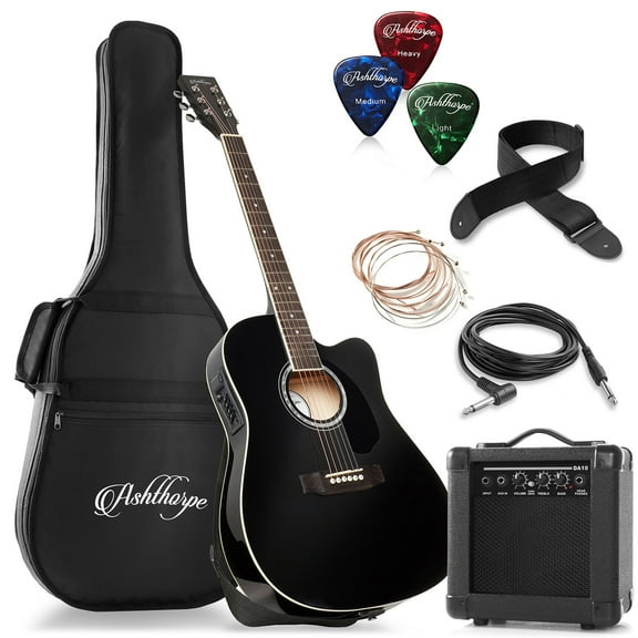 Ashthorpe Thinline Cutaway Acoustic Electric Guitar with 10-Watt Amp, Black