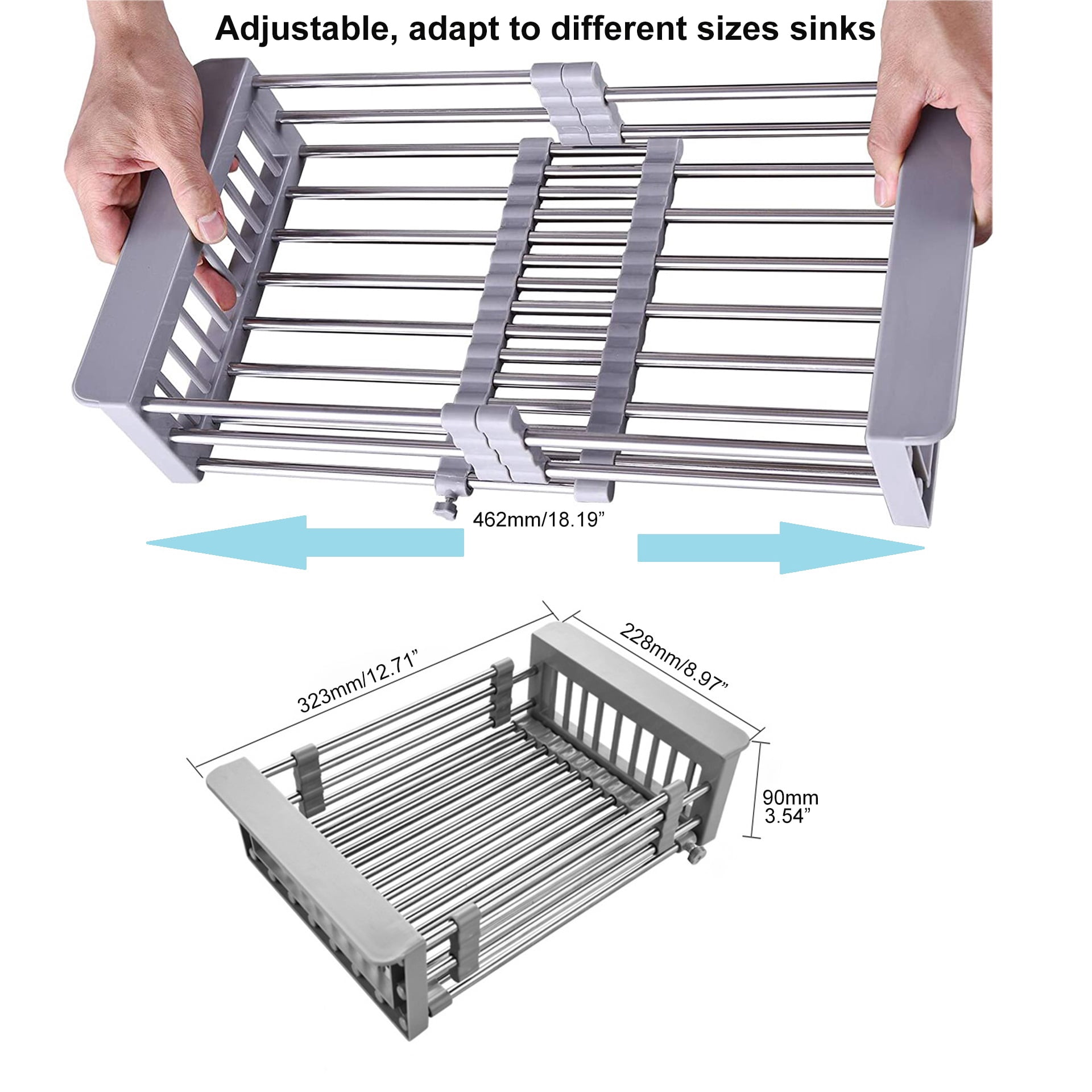 GULICA Dish Drying Rack Black, Adjustable Stainless Steel Drainer Basket Drain Tray for Dish Vegetable Fruit, 18.2" x 8.9", On or in Sink Kitchen Basket Dish Drying Rack