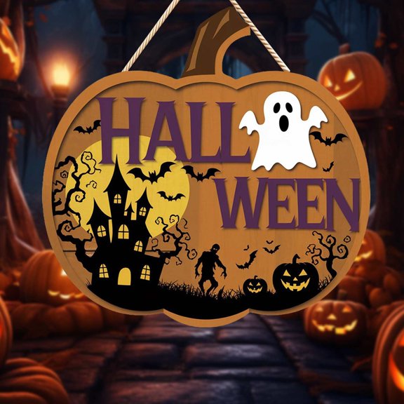 CAIMYY Happy Halloween Wooden Wreath Sign - Spooky Bat & Pumpkin Hanging Decor for Door, Wall, Photo Backdrop - Festive Indoor Outdoor Halloween Party Decoration
