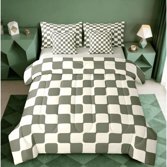 Manfei Geometric Plaid Bed in a Bag Twin Size,Modern Minimalist Art Bed Set,Green Beige Bedding Twin Size,Breathable Room Decorative Reversible,7 Pieces