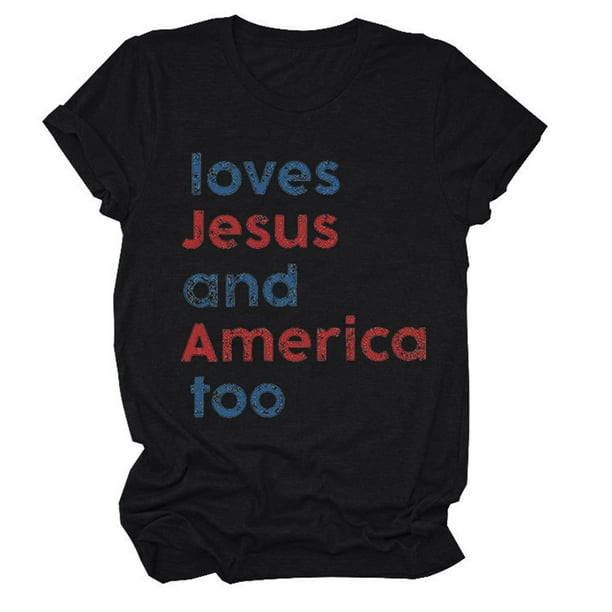 Camiseta patriótica para mujer del 4 de julio: estampado «Loves America Too», cuello redondo, top informal de verano - S-XXXL