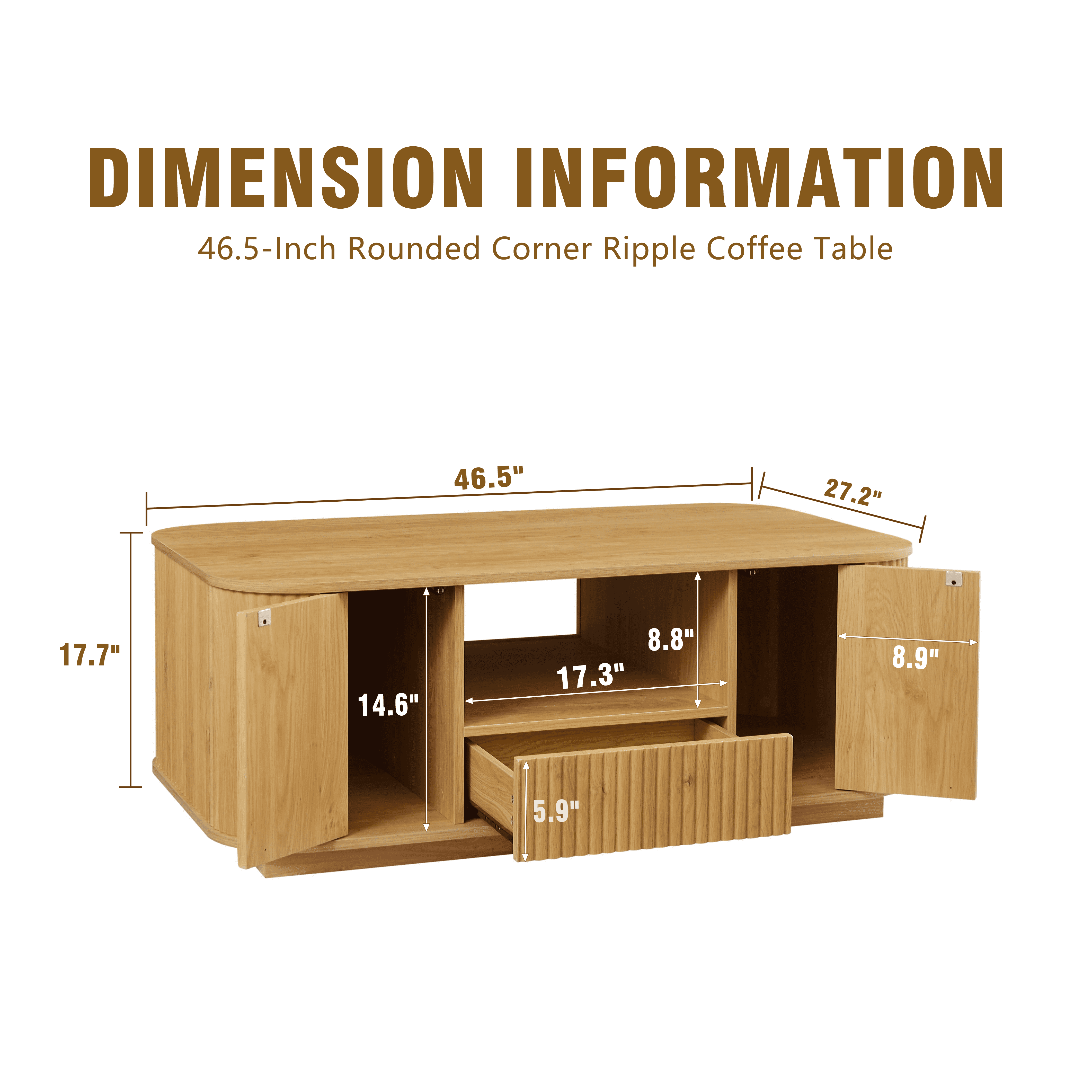 Homy Casa 46.5 in Modern Ripple Coffee Table with Doors Drawer and Open Shelf for Living Room Natural Oak