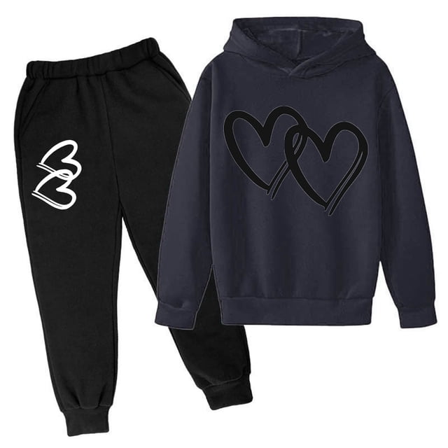 MIASHUI Ensemble de Mode à Capuche pour Filles - Tenue d'Enfant Imprimé Cœur de la Saint-Valentin Gris, 3-4 Ans