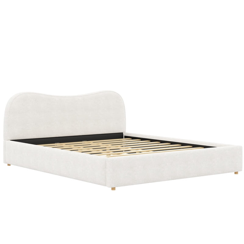 King Size Boucle Upholstered Platform Bed with Wooden Slats, Short Legs Low-Profile Bed Frame with Curved Headboard
