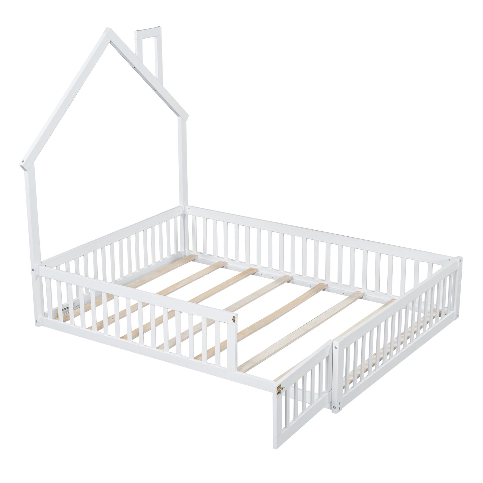 Full Size Floor Bed with Door and Slats,Montessori Floor Bed with Safety Guardrails,House Platform Bed for Girls and Boys,White