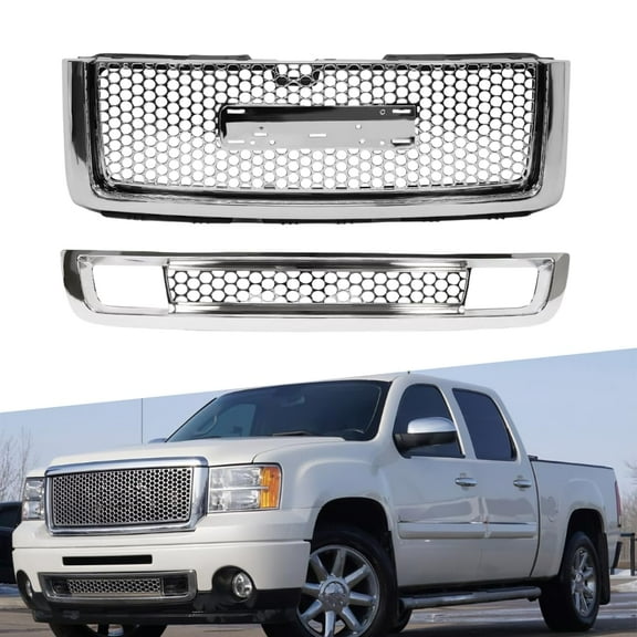 ONEPI Chrome Front Grill Lower Grill Kit Compatible with GMC Sierra 1500 2007 2008 2009 2010 2011 2012 2013 Models, No Emblem