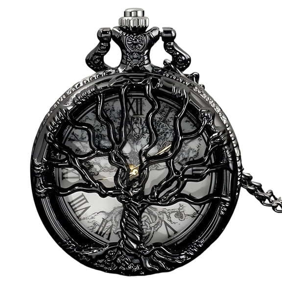 DESIGNICE Pocket Watches for Men,Retro Hollowed-Out Tree of Life Pocket Watch,Flip-Top Quartz Mens Pocket Watch,Father Gifts for Christmas,Black