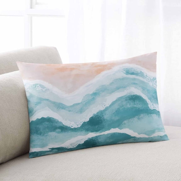Aqua Coastal Beach Throw Pillow Cover, Pillowcase Protectors with Zipper, Breathable Decorative Lumbar Pillow Case Cover, Modern Oil Painting Nautical Pillow Shams for Couch Sofa 12x20Inch