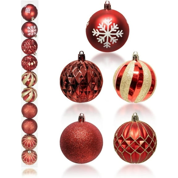 Christmas Ball Ornaments, 10 Ct 2.36" Pre-Strung Hanging Ornament Decorations, Xmas Shatterproof Plastic Balls for Holiday Party Wreath Garlands Trees,Assorted Designs, 10 Pieces