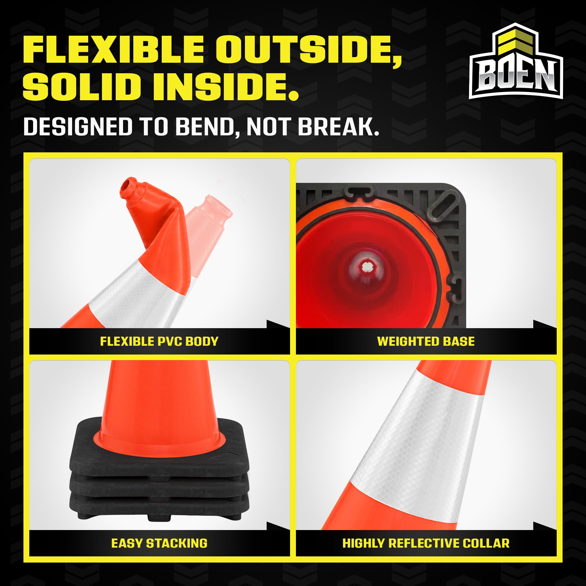 BOEN 18 in Orange Reflective Traffic Cones for Parking Safety, 12 Pack