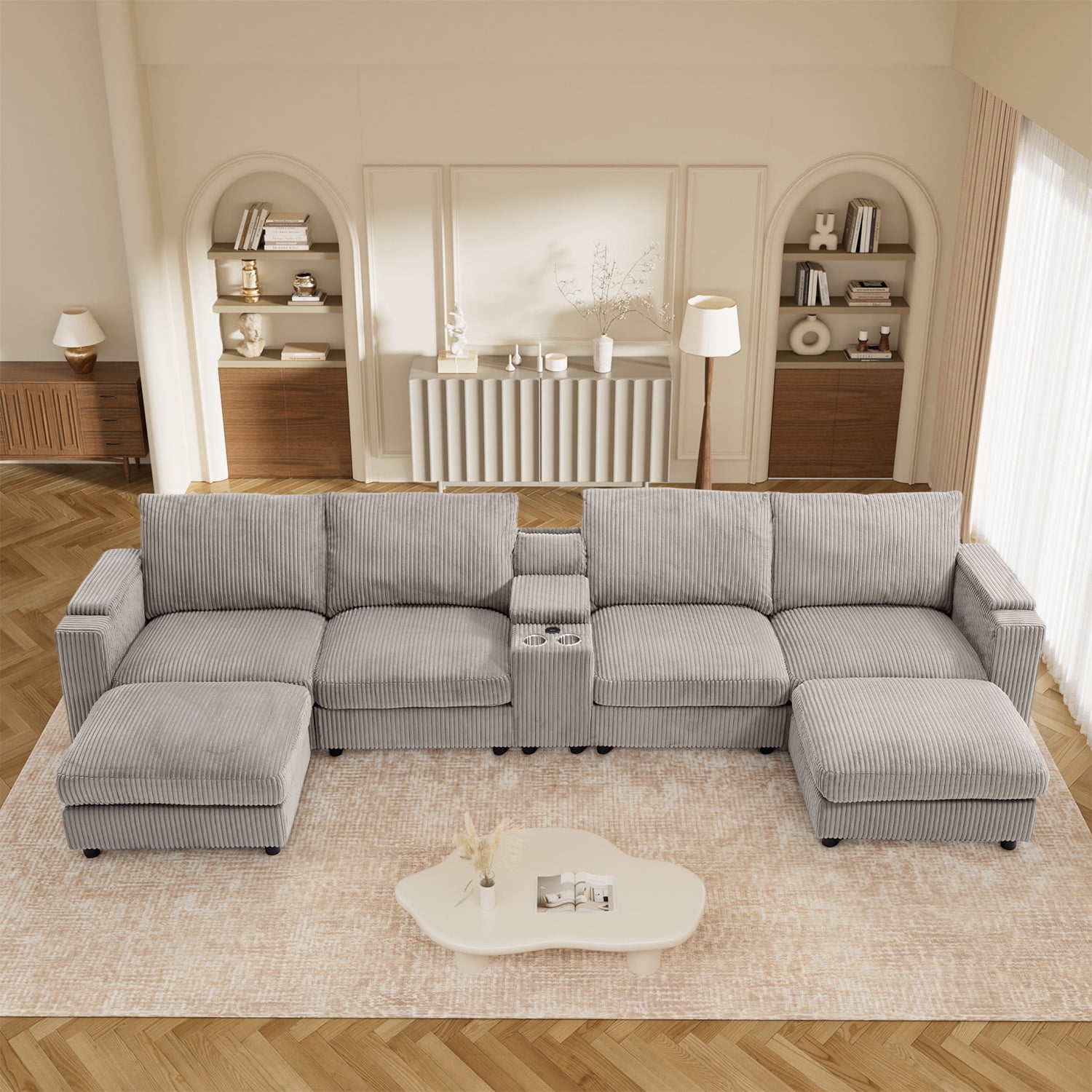 Wiilayok 153" Oversized U-Shaped Cloud Couch Sectional with Modular Design for Living Room: Comfy Corduroy, Ottoman, USB Port, Cup Holder, Armrest Storage, Side Pocket, Grey