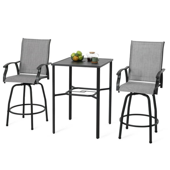 Nuu Garden 3-Piece Outdoor Patio Swivel Bar Set, 2 All-Weather Textilene High Bistro Stools, 28" Square Bar Table with Slatted Tabletop and 1.7" Umbrella Hole,  Gray and Black