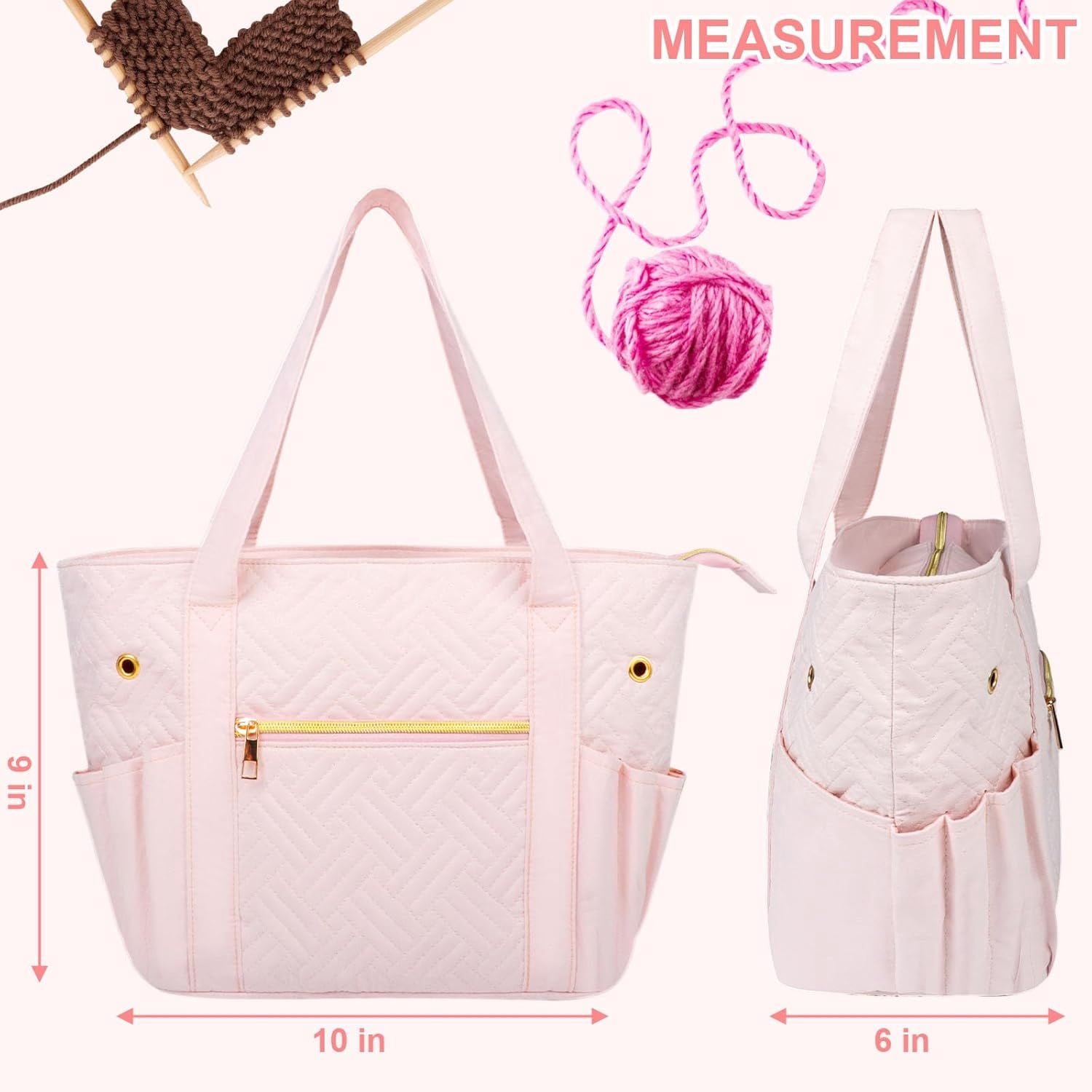 Crochet Bag Organizer for Yarn Storage, Velvet Knitting Tote Bag with Double Handle for Crochet Accessories, Portable Travel Case for Yarn Balls, Crochet Hooks& Knitting Needles Holder (Pink)