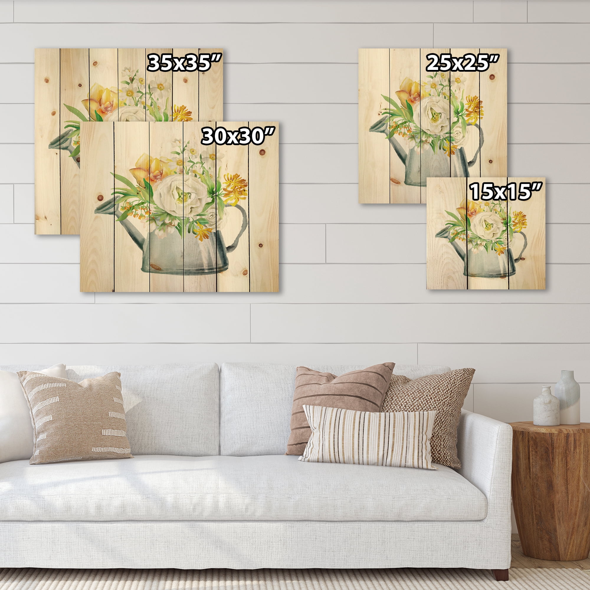 Designart 'Marigolds Roses and Peonies In Garden Watering Can' Farmhouse Print on Natural Pine Wood