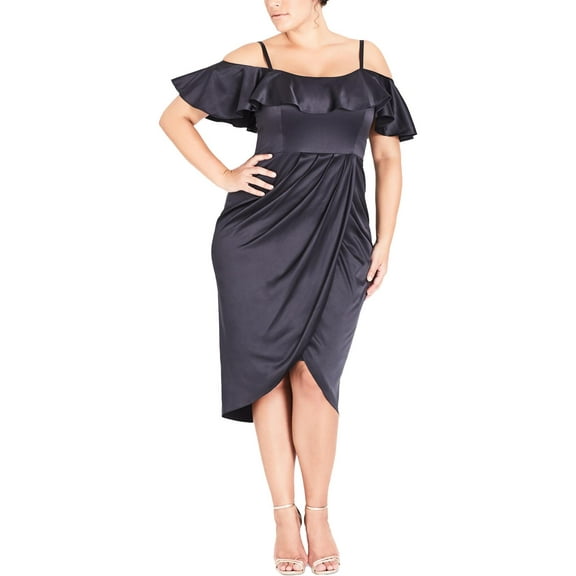 City Chic Womens Plus Sweet Desire Cold Shoulder Ruffled Cocktail Dress Navy 16