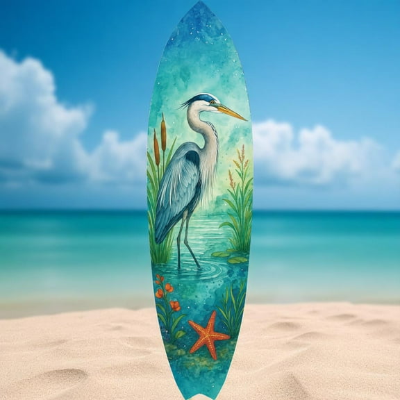 Egret Surfboard Wall Art – Coastal Watercolor Bird Decor – PVC Indoor Outdoor Beach House Art – Marsh Bird Wall Hanging Sign