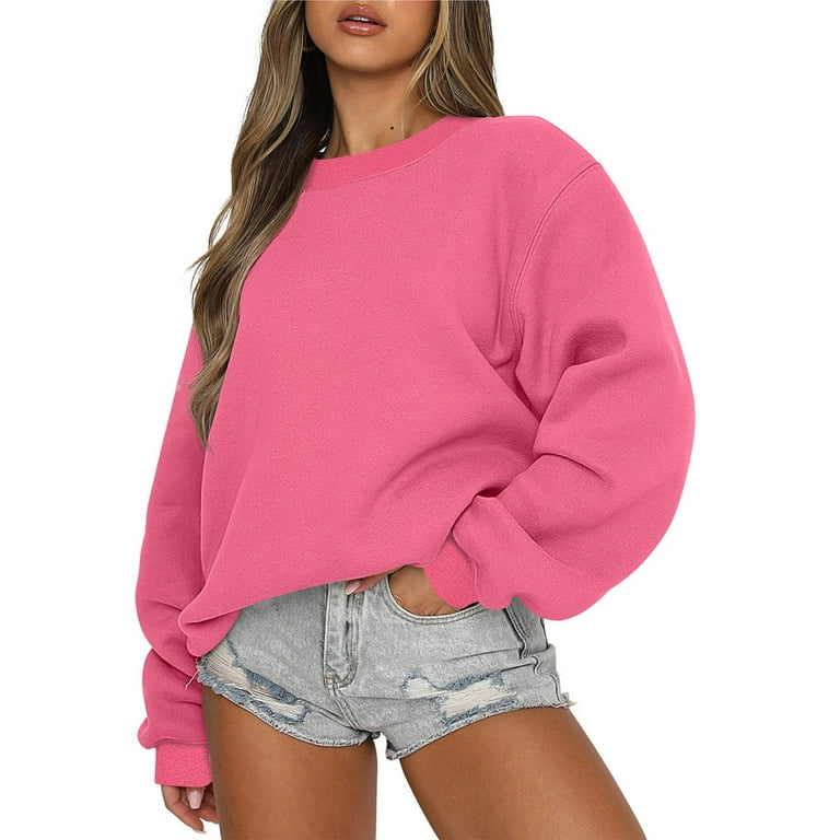 Cropped Sweatshirts for Women Teen Girls Crewneck Pullover Plain Sweatshirt  Sweater Y2k Long Sleeve Fall Tops (Medium, Hot Pink)