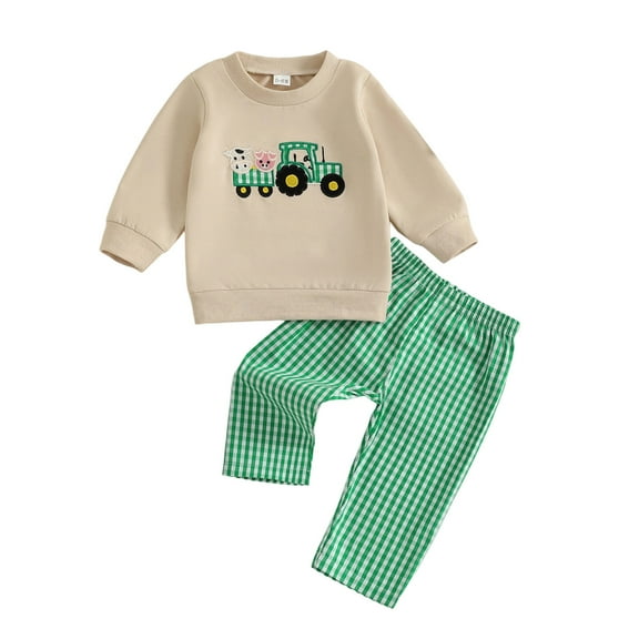 Xudanell Family Matching Outfits Cute Truck Baby Embroidered Top Checkered Long Pants Toddler Boy 2 Piece Set Clothes Khaki 0-6 Months
