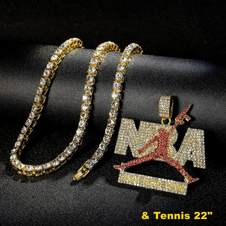 HH Bling Empire Iced Out NBA Silver Gold Young Boy Chains for Men,Hip Hop Rapper Pendant with Rope Tennis Cuban Link Chains 22 inch (Red gold,& Rope)