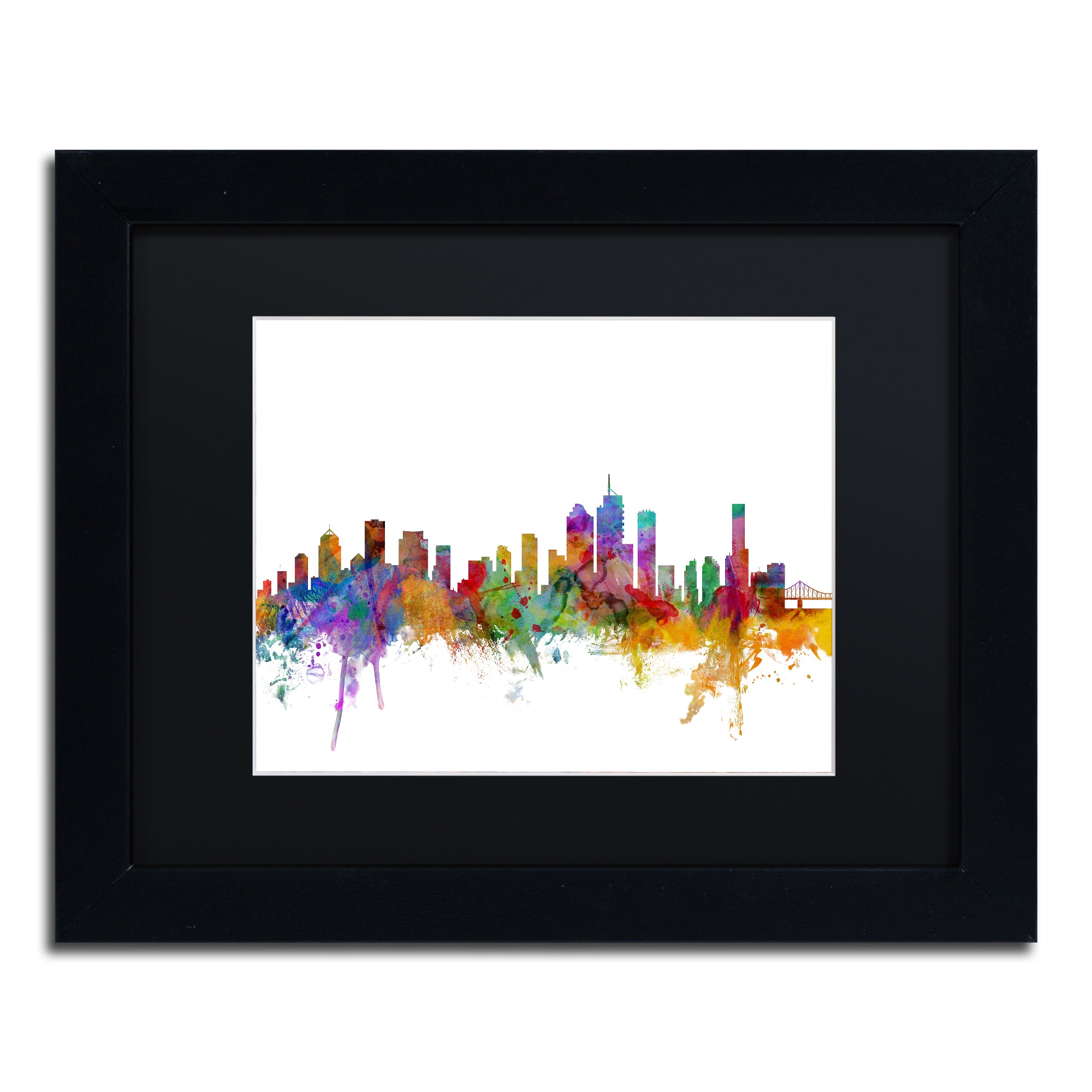 Trademark Fine Art "Brisbane Australia Skyline" Canvas Art by Michael Tompsett Black Matte, Black Frame