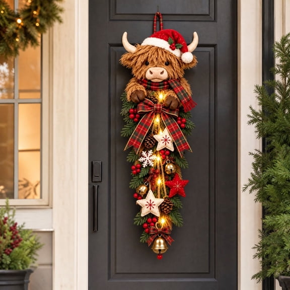Lighted Highland Cow Christmas Door Decoration, Illuminated Holiday Hanging Accent for Front Door, Porch and Entryway, for Indoor and Outdoor Seasonal Home Decor